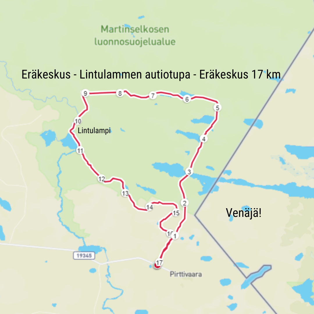 Toisen päivän hiihto Lintulammen autiotuvalle yhteensä n. 17 km